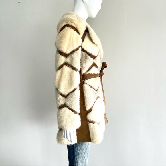 Genuine Geometric Cream w Light Gray Mink Tan Faux Suede Mid Jacket Coat Sz XS-M - Picture 9 of 15
